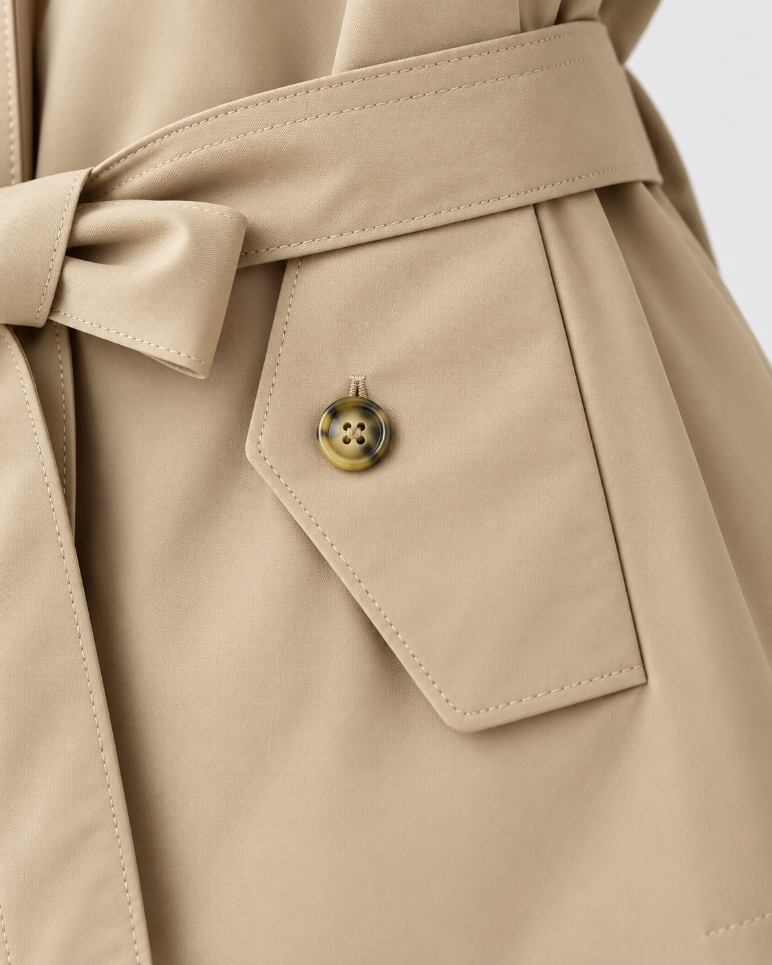 Image of Color: Khaki | Women's khaki short belted multi-button trench coat, studio product view 4