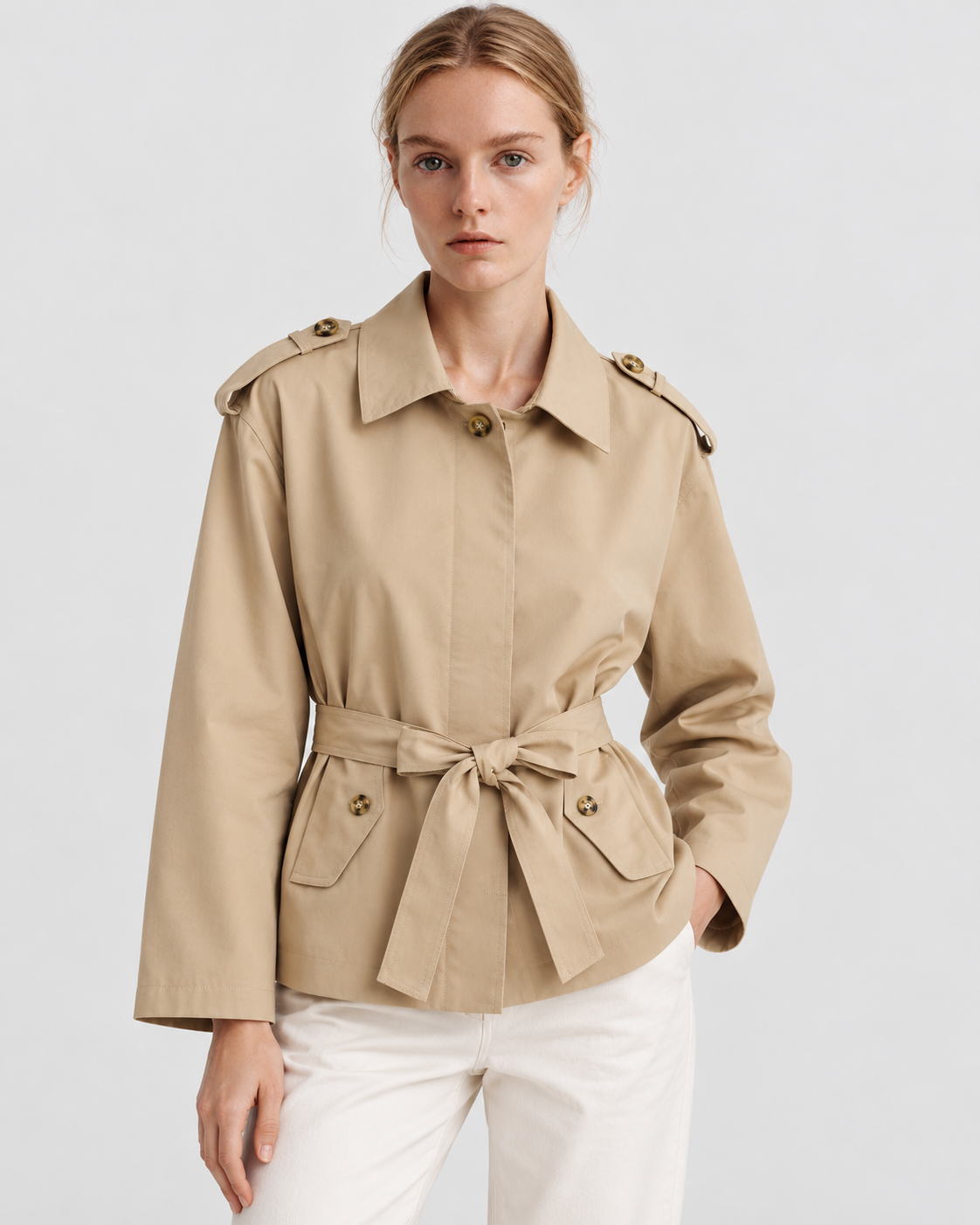 Color: Khaki | Women's khaki short belted multi-button trench coat, studio product view 5