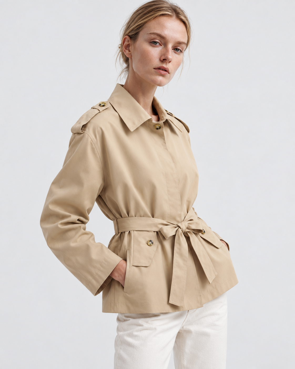 Image of Color: Khaki | Women's khaki short belted multi-button trench coat styled on model, look 2