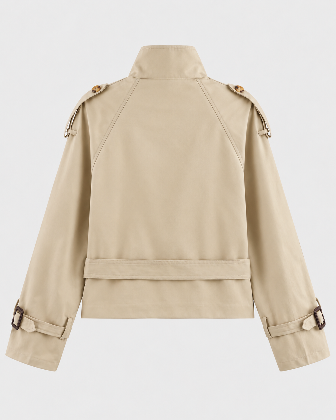 Color: Khaki | Women's khaki short double-breasted belted trench coat styled on model, look 1