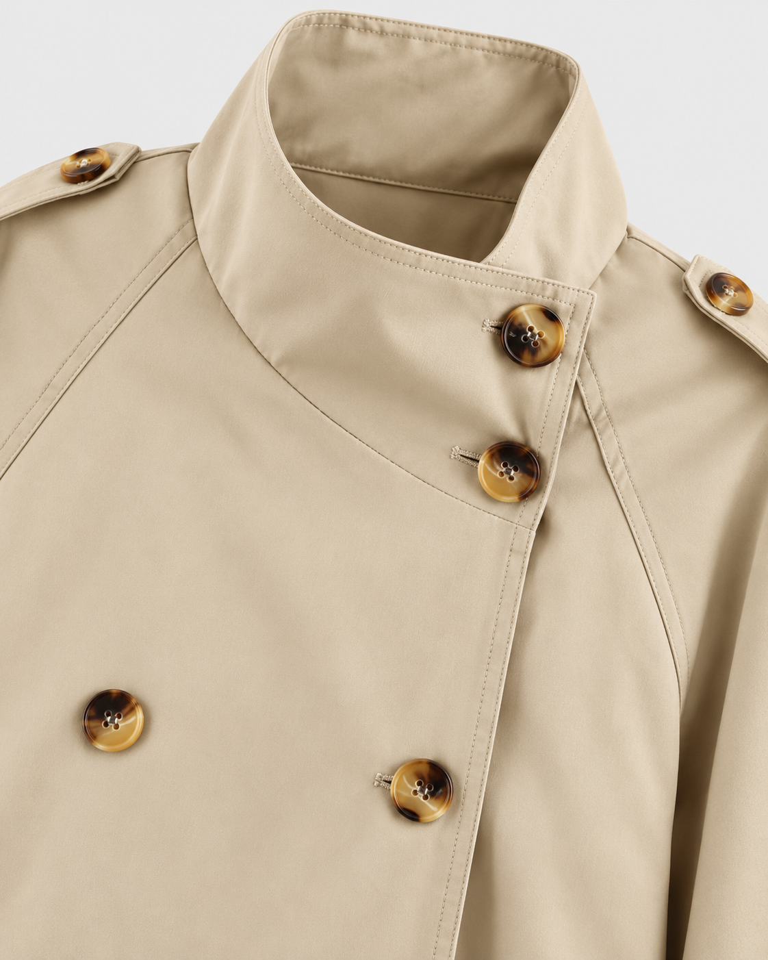 Color: Khaki | Women's khaki short double-breasted belted trench coat, studio product view 2