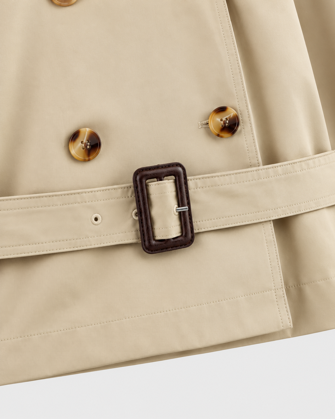 Image of Color: Khaki | Women's khaki short double-breasted belted trench coat, studio product view 3