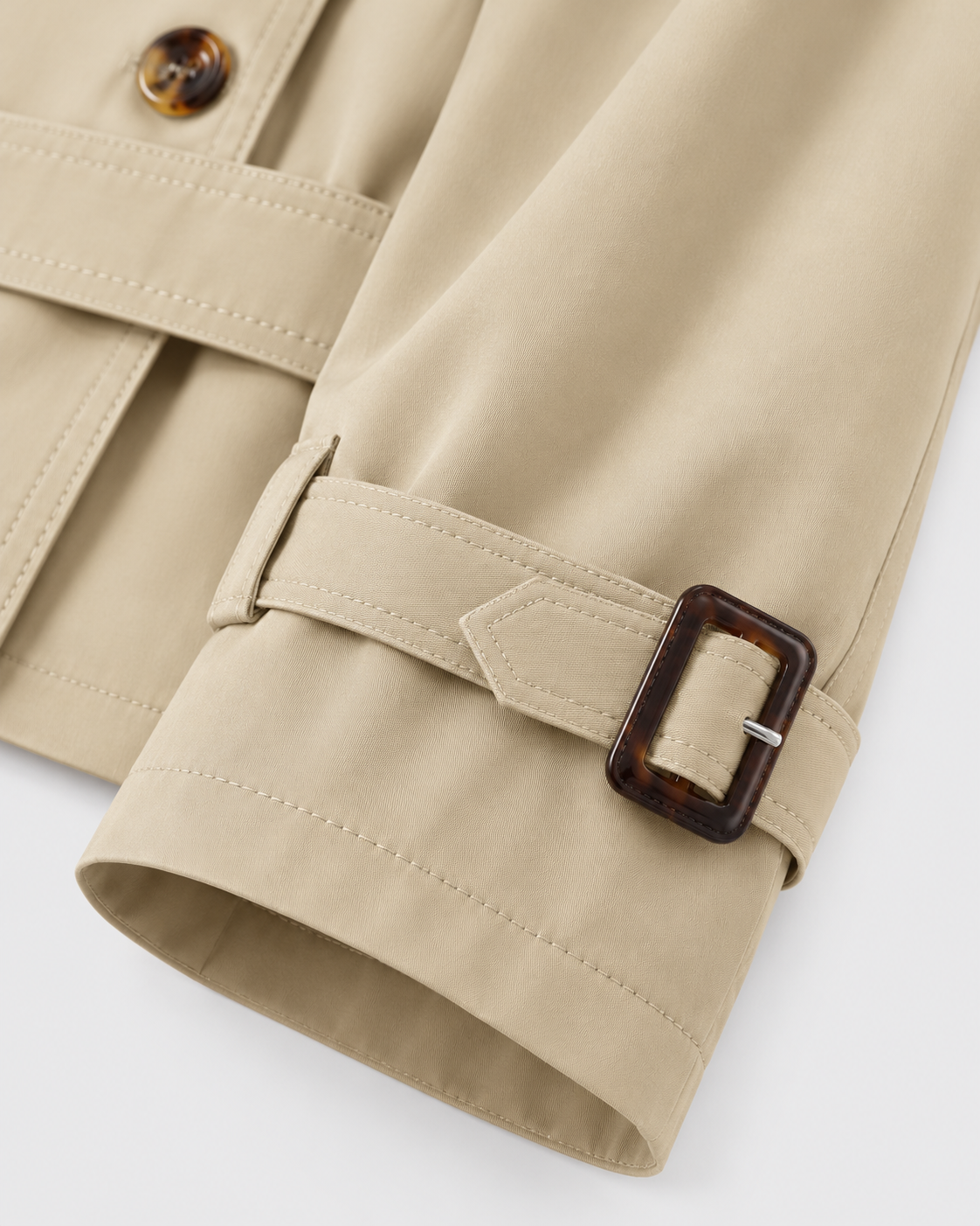 Color: Khaki | Women's khaki short double-breasted belted trench coat, studio product view 4