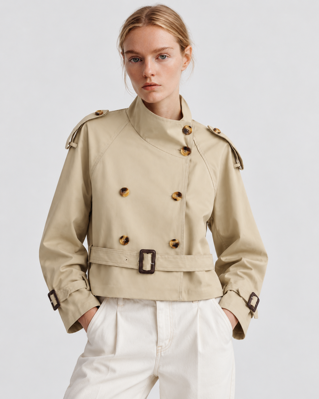 Color: Khaki | Women's khaki short double-breasted belted trench coat, studio product view 5