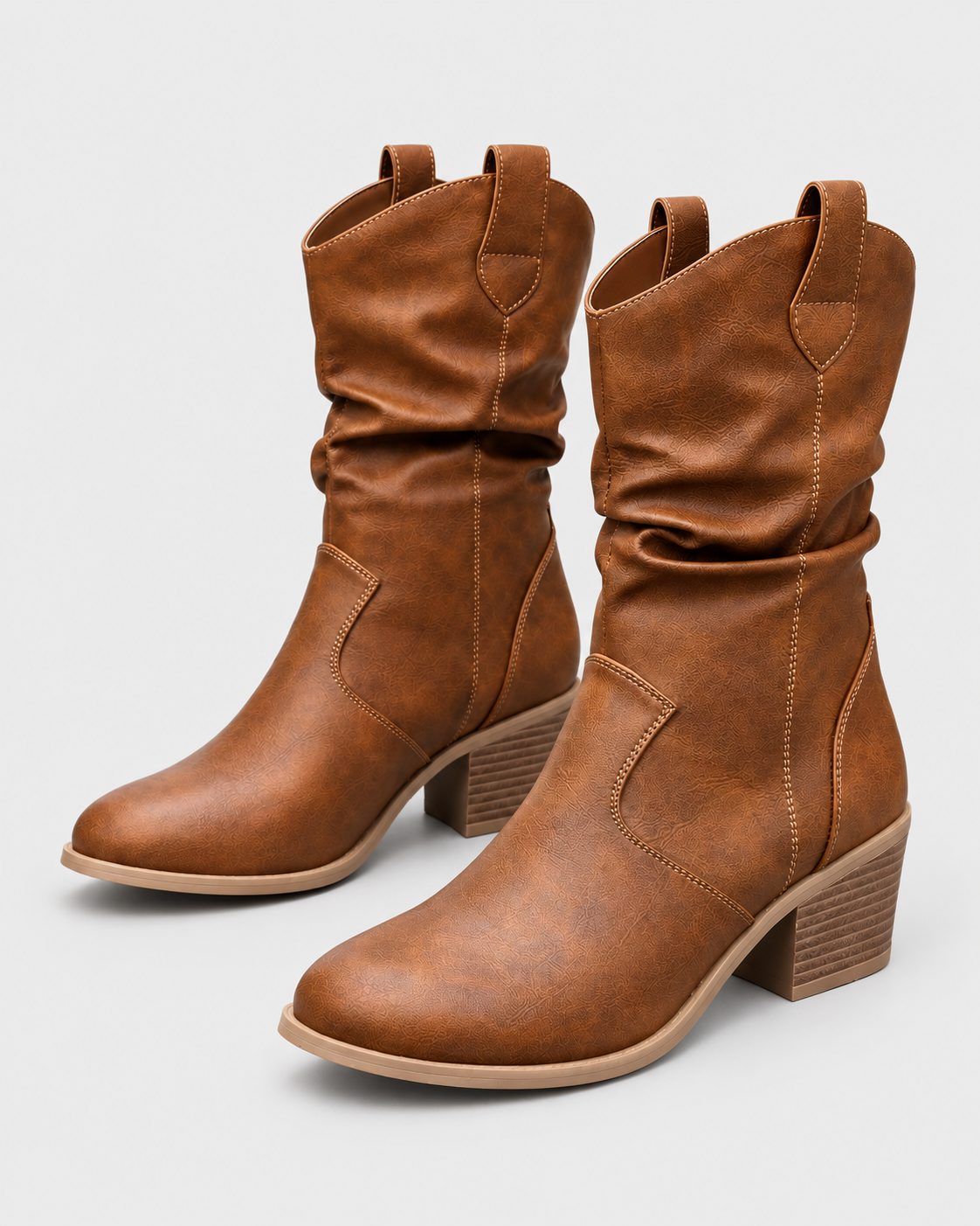 Color: Light brown | Women's light brown round toe western block heel mid-calf boots, main studio product view