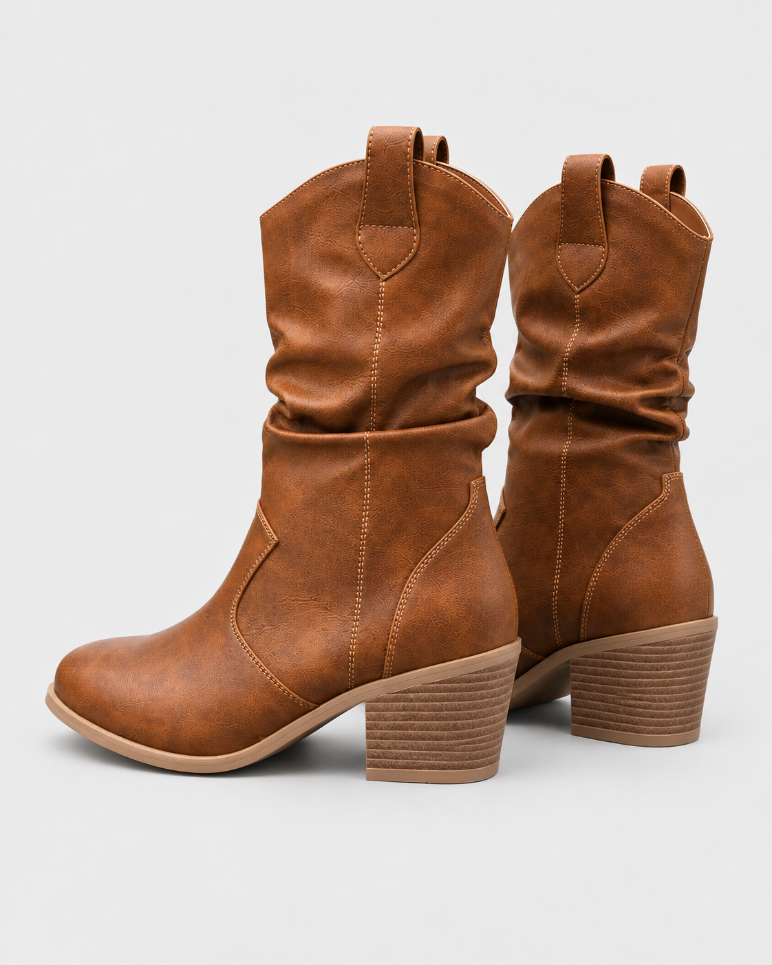Image of Color: Light brown | Women's light brown round toe western block heel mid-calf boots styled on model, look 1