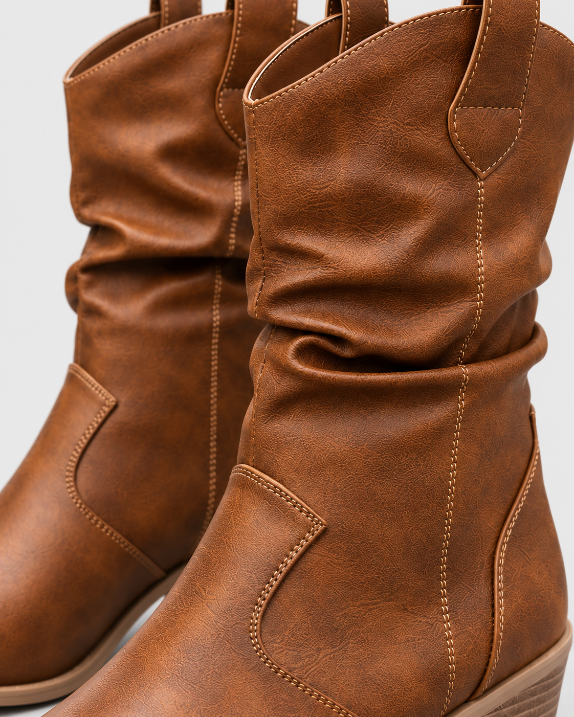 Color: Light brown | Women's light brown round toe western block heel mid-calf boots, studio product view 2