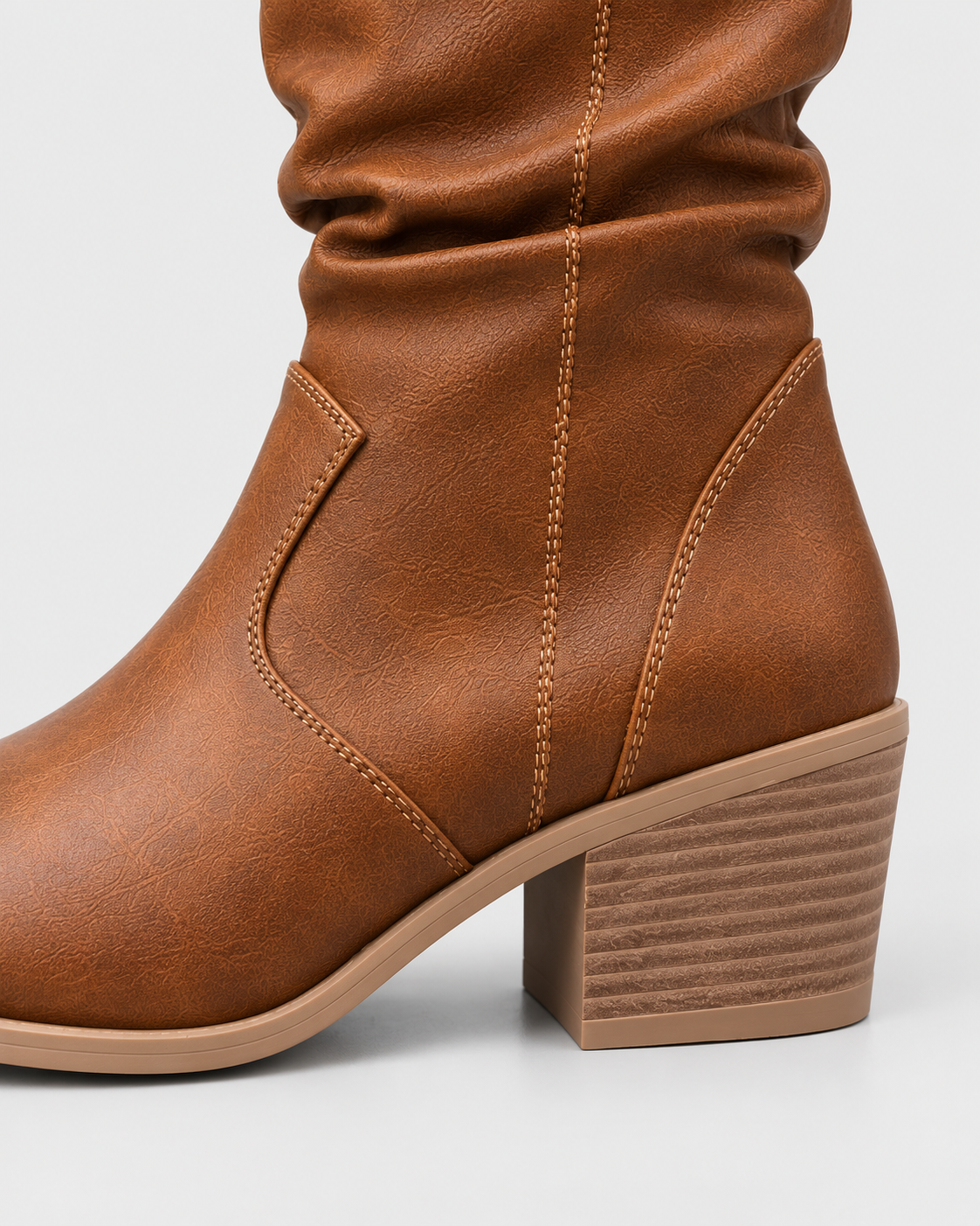 Image of Color: Light brown | Women's light brown round toe western block heel mid-calf boots, studio product view 3