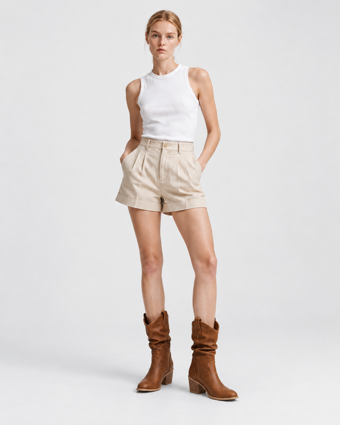 Color: Light brown | Women's light brown round toe western block heel mid-calf boots, studio product view 5