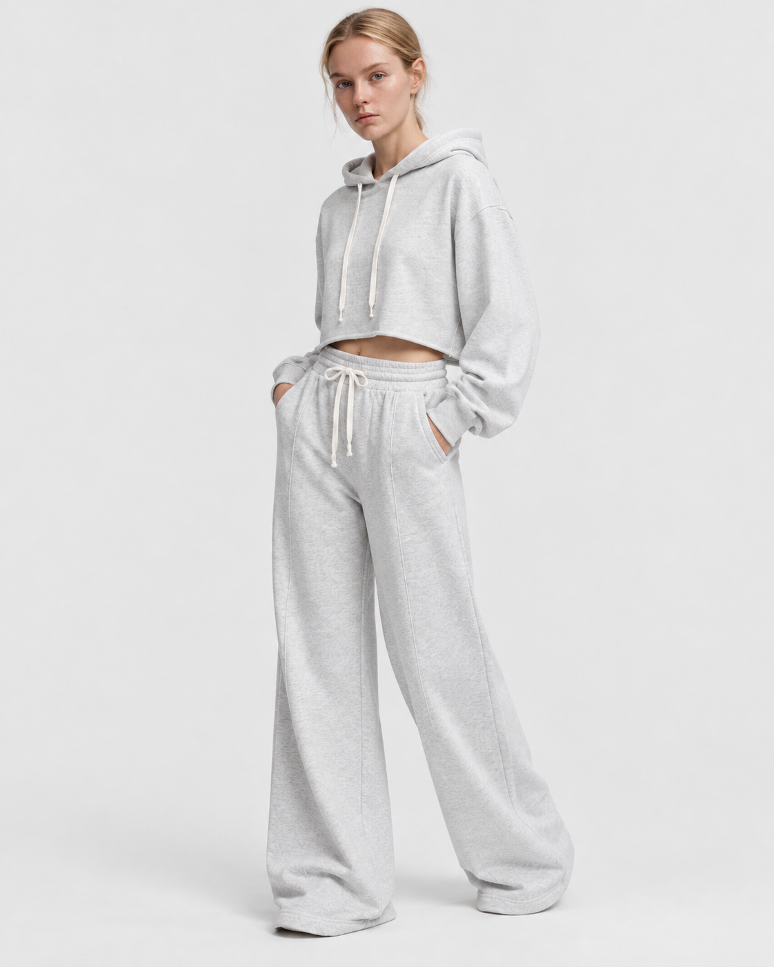 Image of Color: Light Floral Gray | Women's light floral gray raw-edge cropped cotton pullover hoodie, studio product view 5