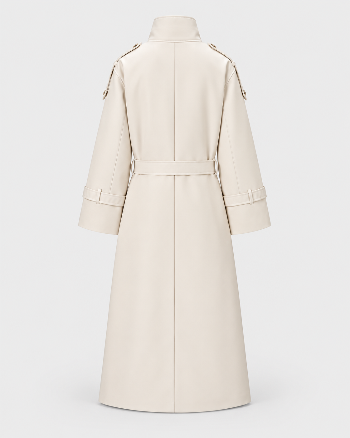 Color: White | Women's white long double-breasted trench coat styled on model, look 1
