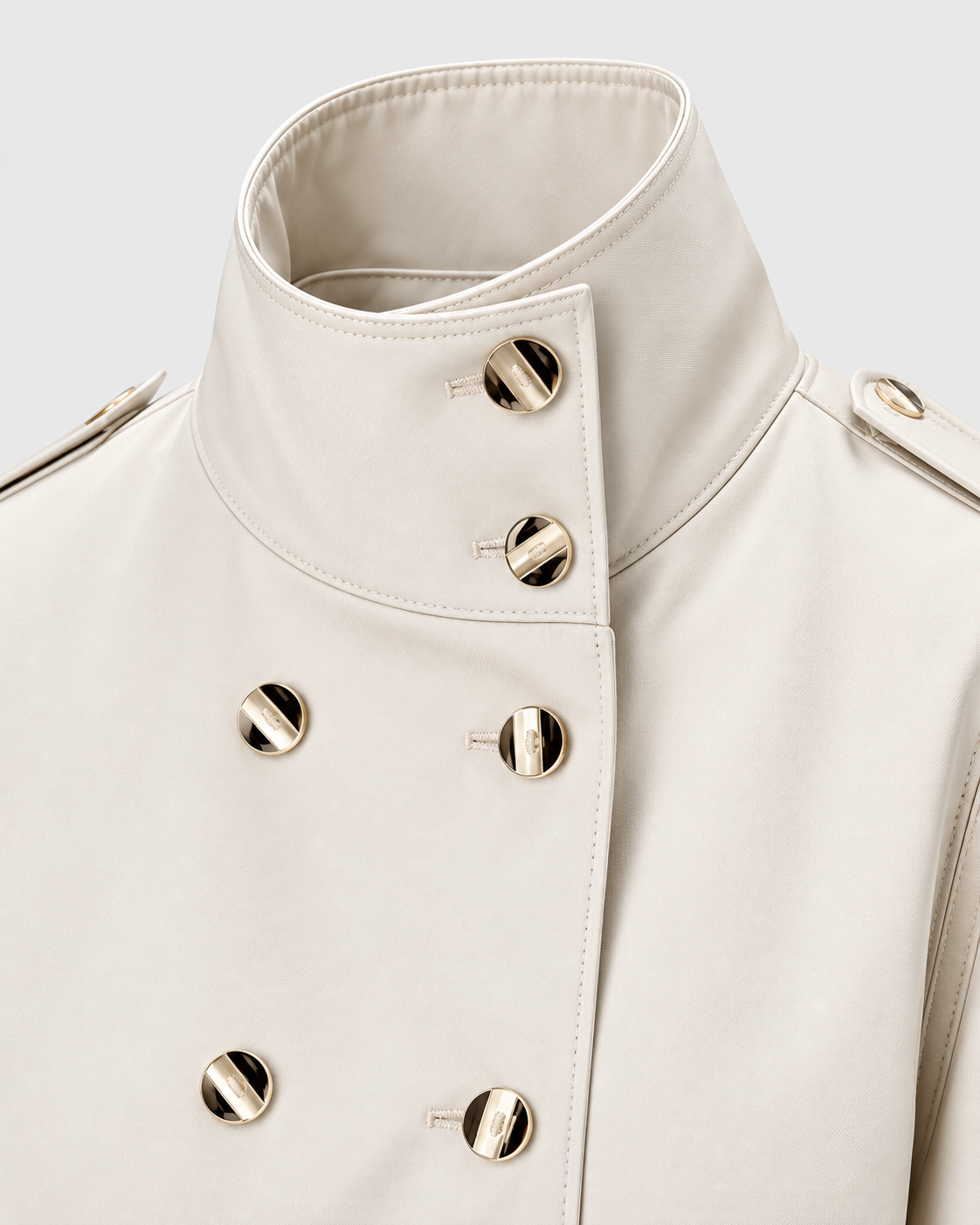 Color: White | Women's white long double-breasted trench coat, studio product view 2