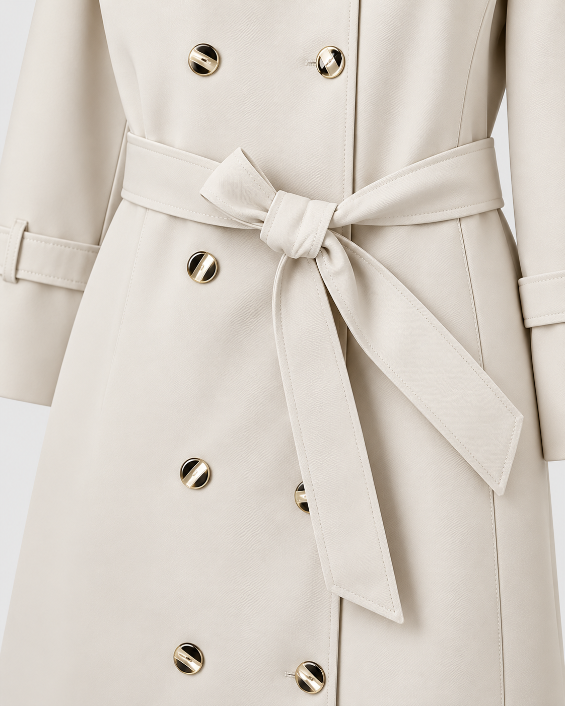 Image of Color: White | Women's white long double-breasted trench coat, studio product view 3