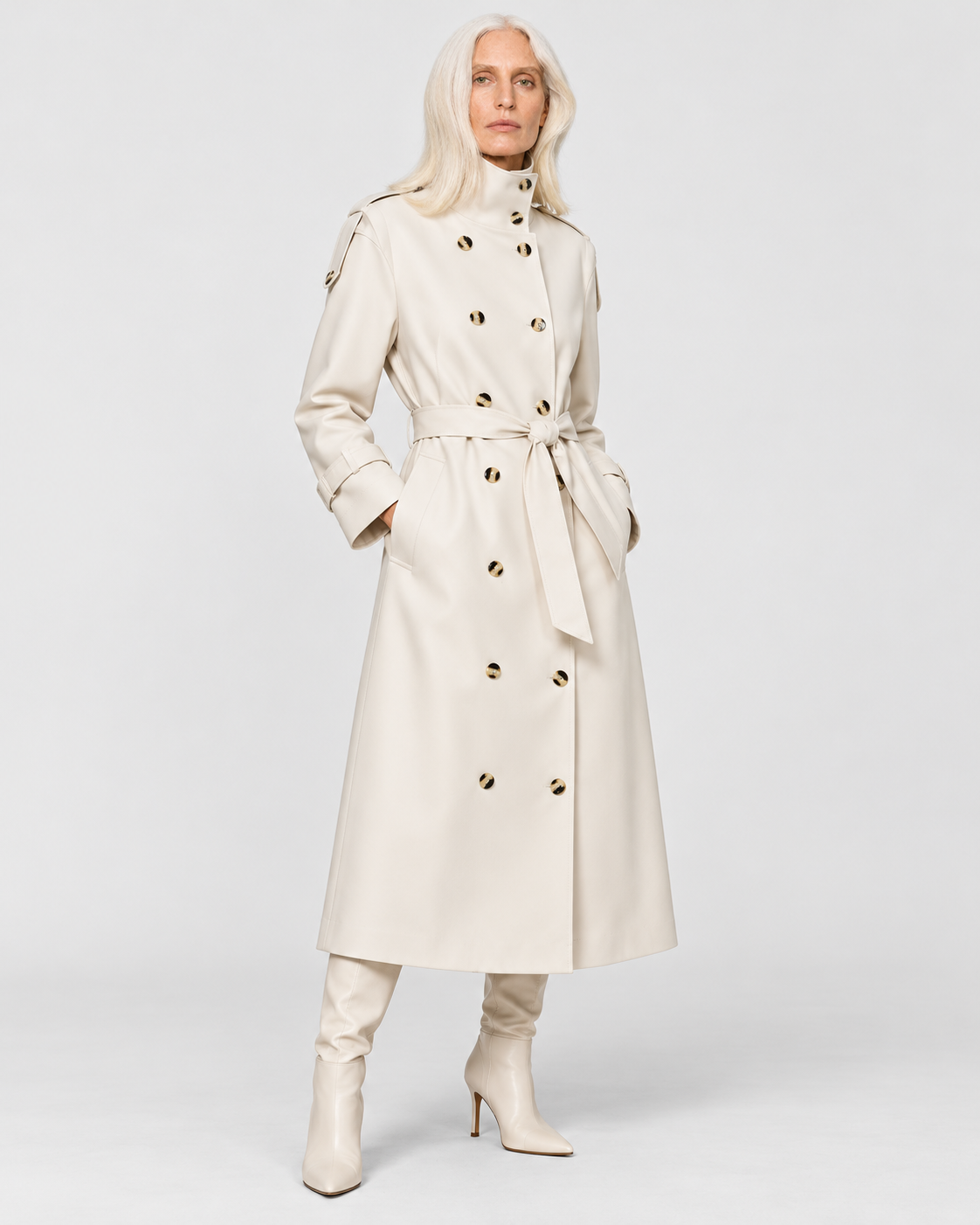 Image of Color: White | Women's white long double-breasted trench coat, studio product view 5