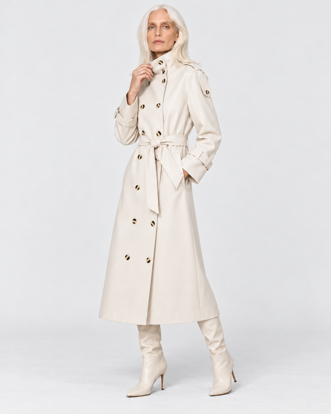 Image of Color: White | Women's white long double-breasted trench coat styled on model, look 2