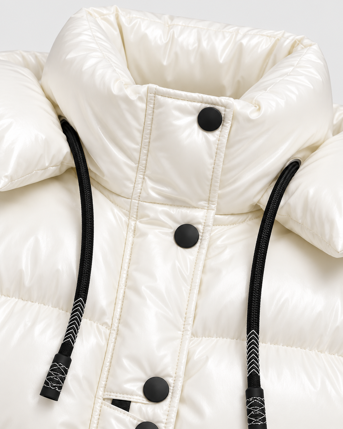 Image of Color: White | Collar, snap buttons and drawcord detail on women's white puffer jacket