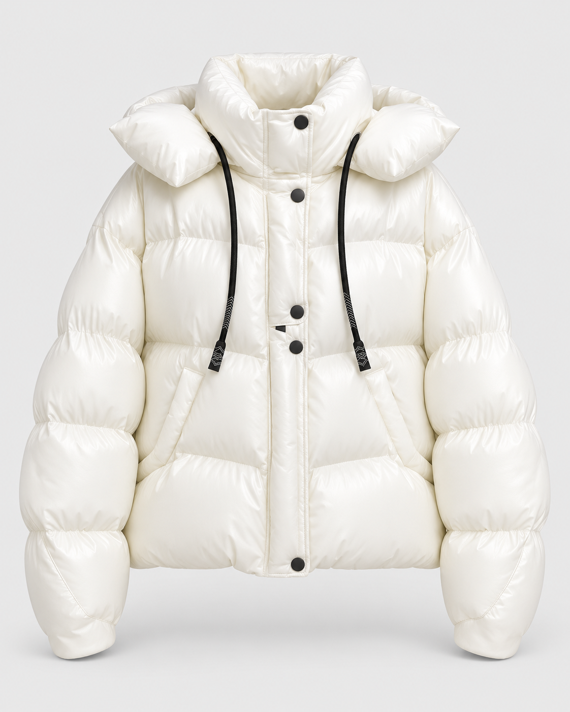 Color: White | Women's white quilted faux leather detail puffer jacket, front studio view