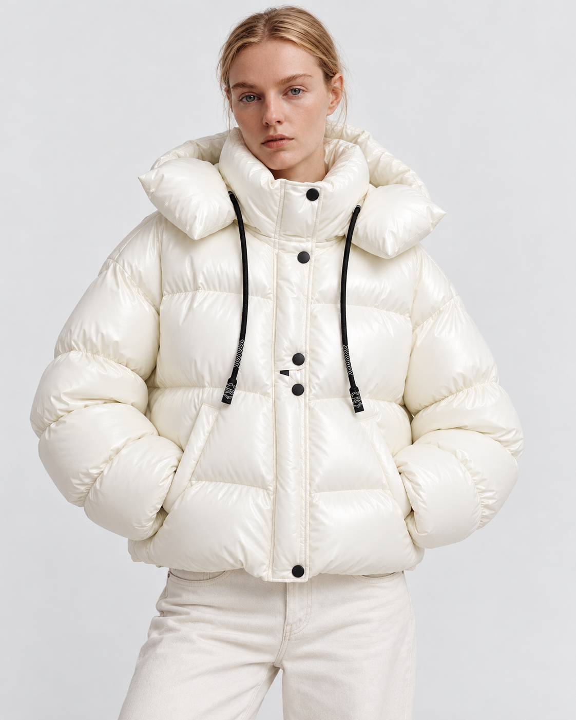 Color: White | Women's white quilted puffer jacket styled on model, front view