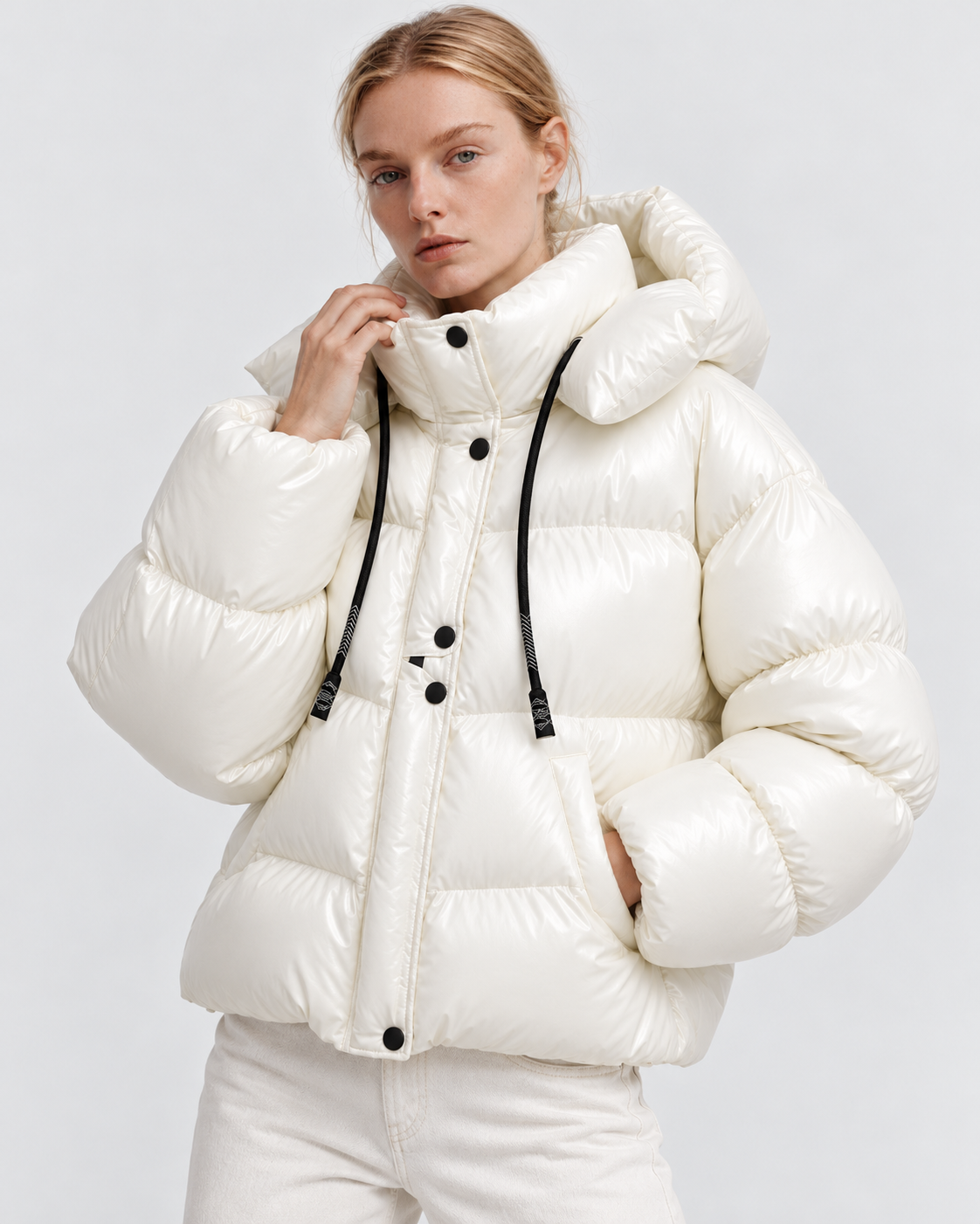 Color: White | Women's white quilted puffer jacket styled on model, three-quarter view