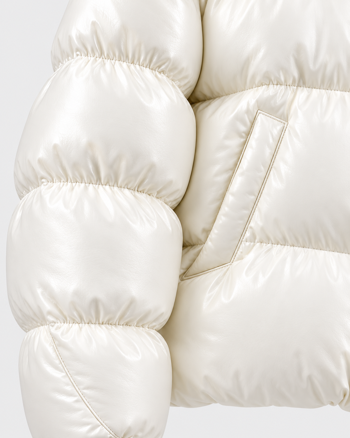 Image of Color: White | Sleeve and pocket detail on women's white quilted puffer jacket