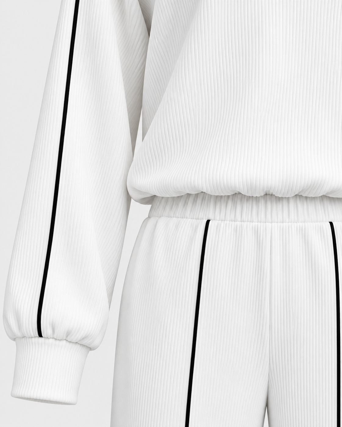 Image of Color: White | Women's white relaxed fit hoodie and wide leg pants set, lower-front close-up detail