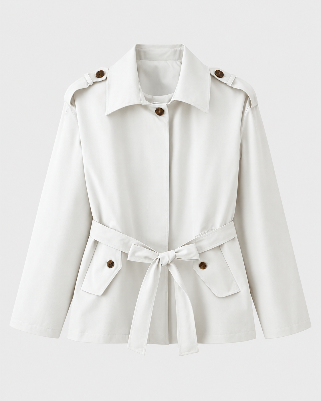 Color: White | Women's white short belted multi-button trench coat, main studio product view