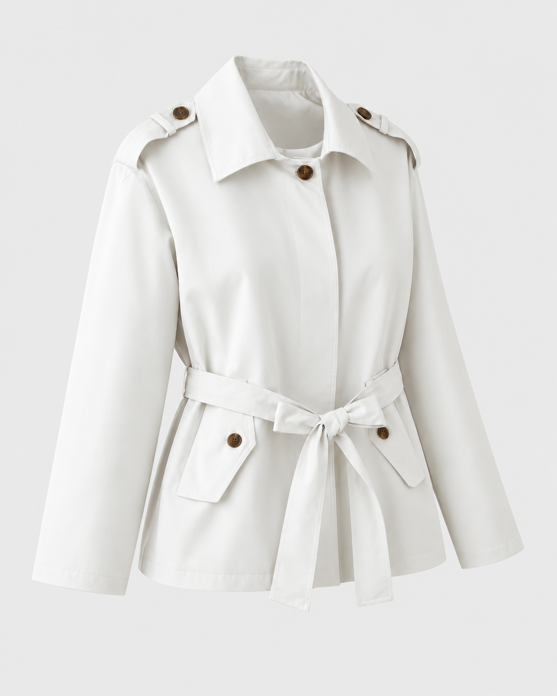 Color: White | Women's white short belted multi-button trench coat styled on model, look 1