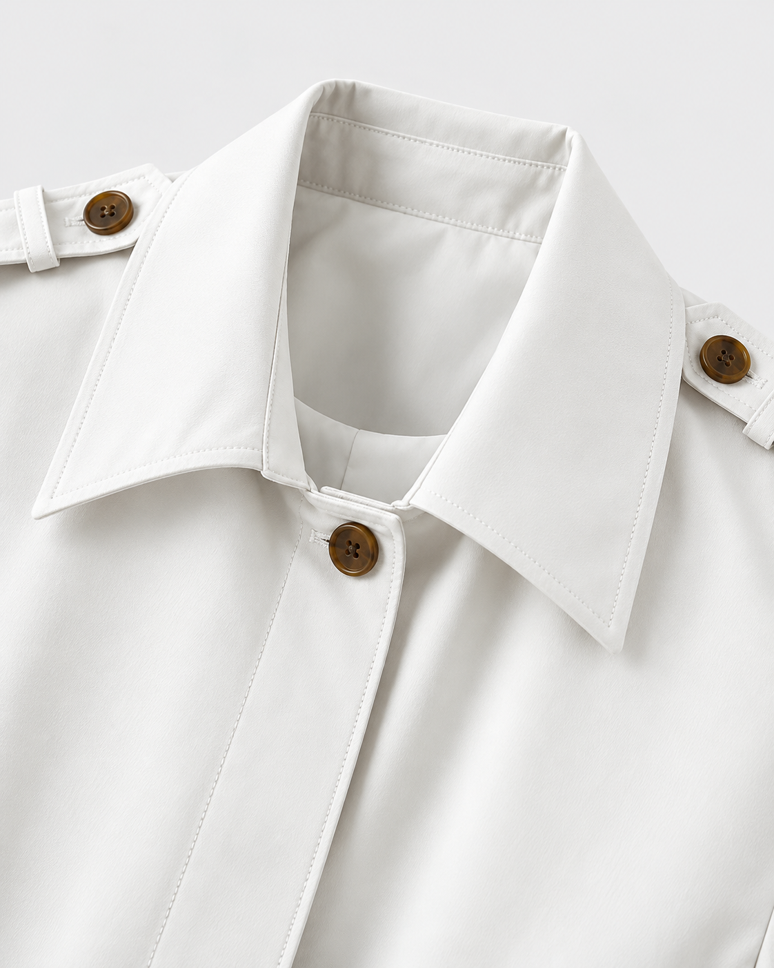 Color: White | Women's white short belted multi-button trench coat, studio product view 2