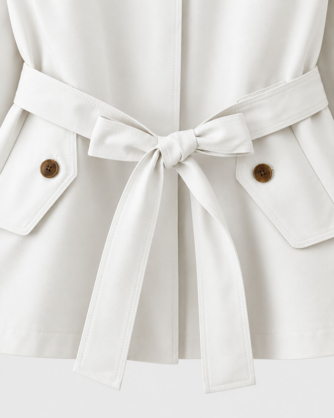 Image of Color: White | Women's white short belted multi-button trench coat, studio product view 3