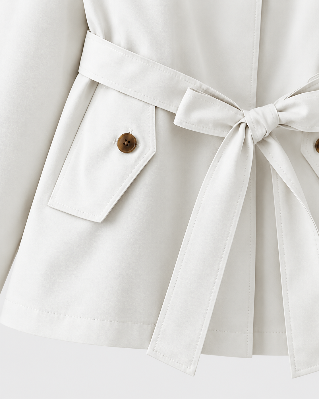 Image of Color: White | Women's white short belted multi-button trench coat, studio product view 4