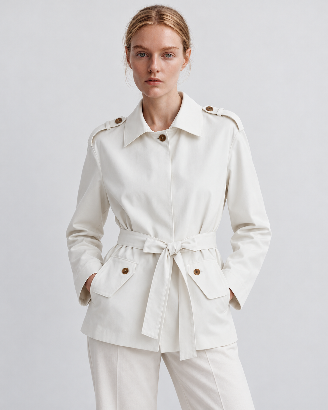 Color: White | Women's white short belted multi-button trench coat, studio product view 5