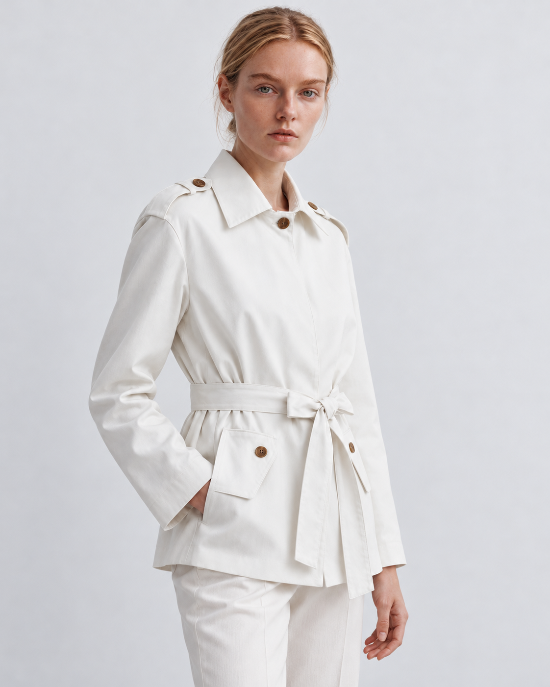 Image of Color: White | Women's white short belted multi-button trench coat styled on model, look 2
