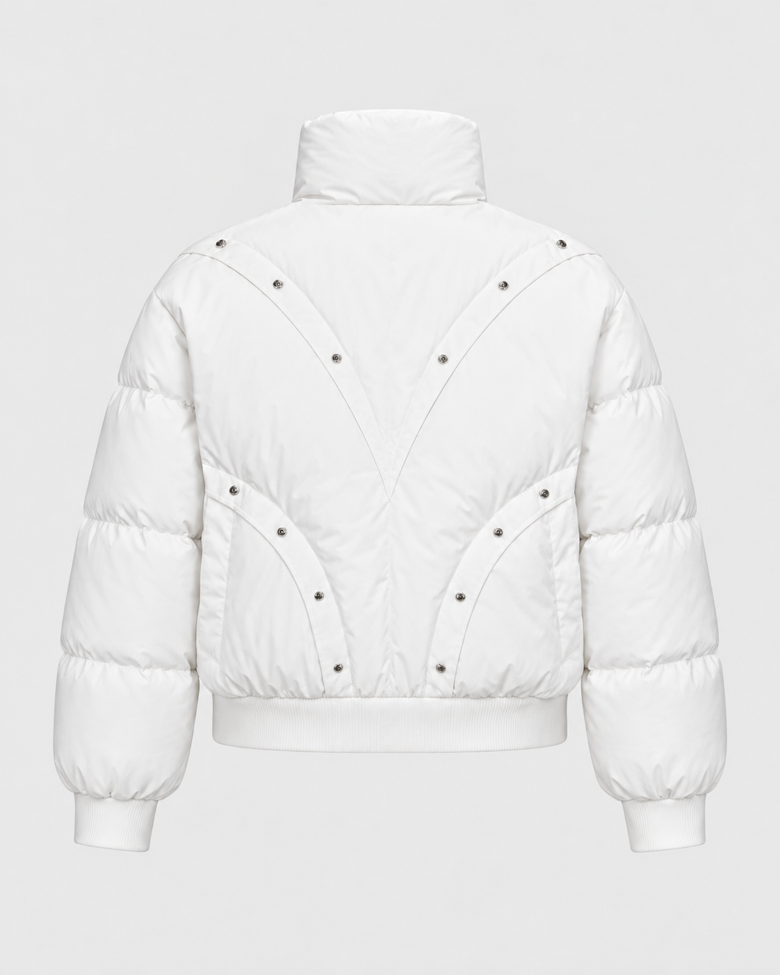 Color: White | Women's white stand collar quilted puffer jacket, back studio view