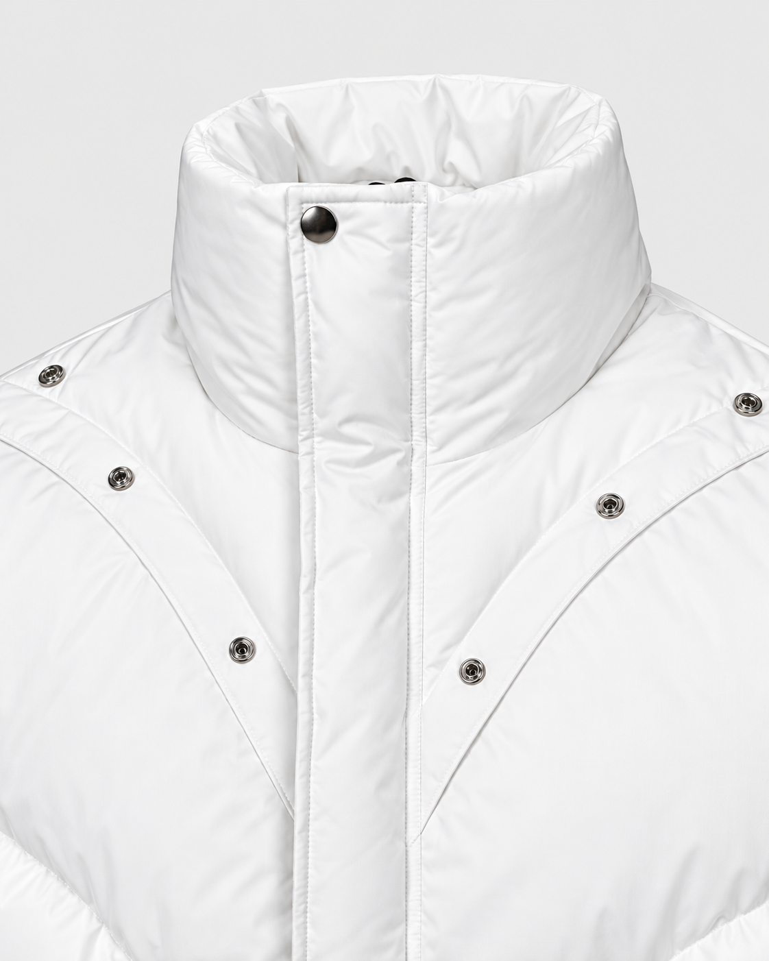Color: White | Stand collar and stud detail on women's white quilted puffer jacket