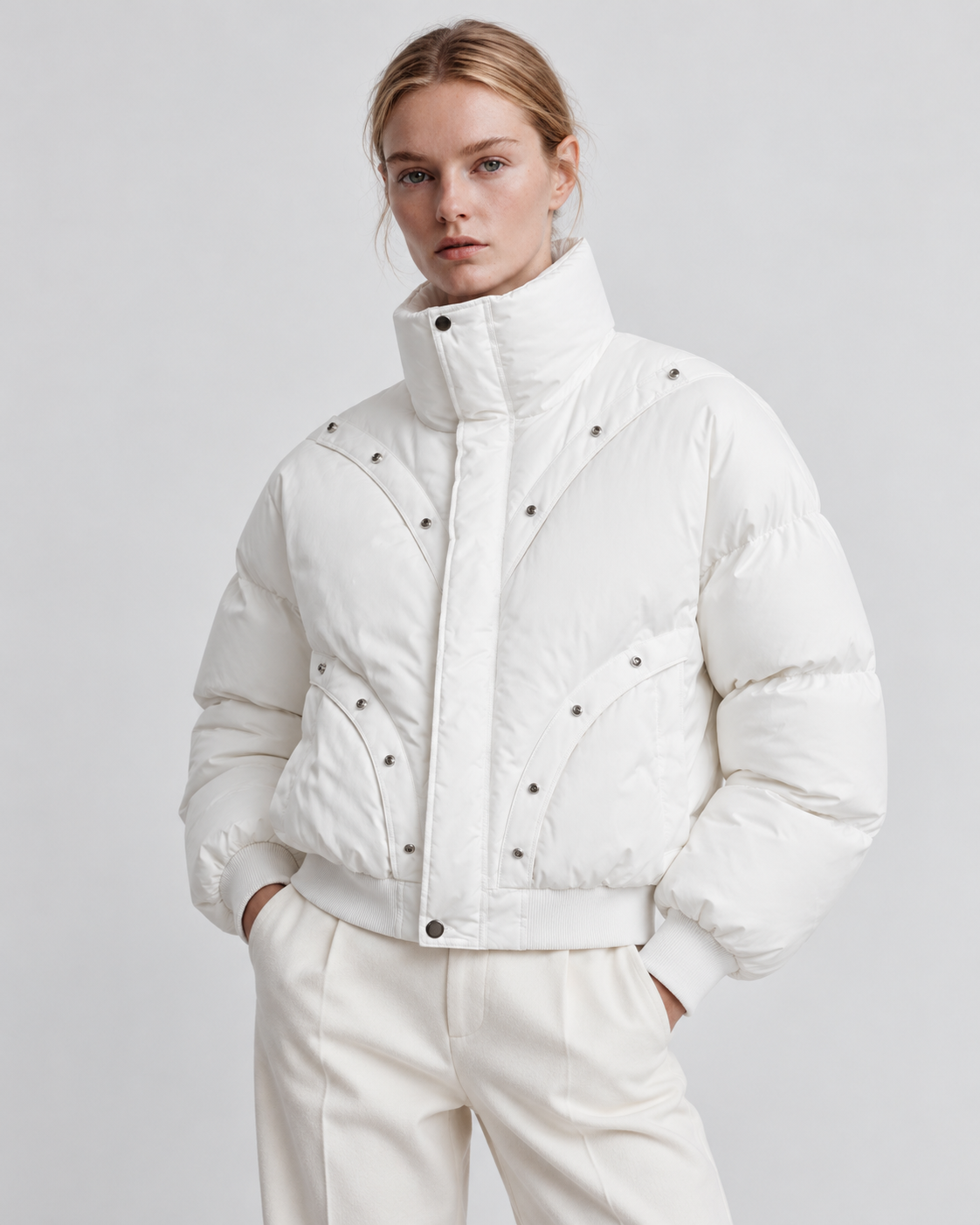 Image of Color: White | Women's white stand collar quilted puffer jacket styled on model, front view