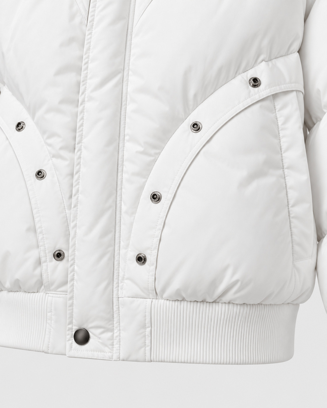 Image of Color: White | Pocket and ribbed hem detail on women's white quilted puffer jacket
