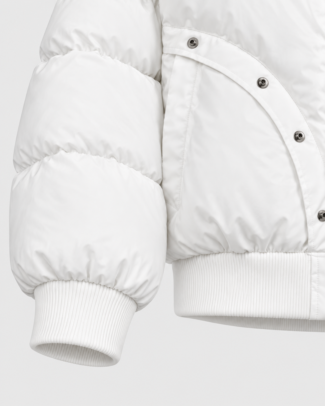 Color: White | Sleeve and ribbed cuff detail on women's white puffer jacket