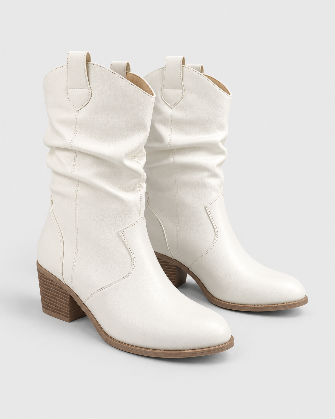 Image of Color: White | Women's white round toe western block heel mid-calf boots, main studio product view