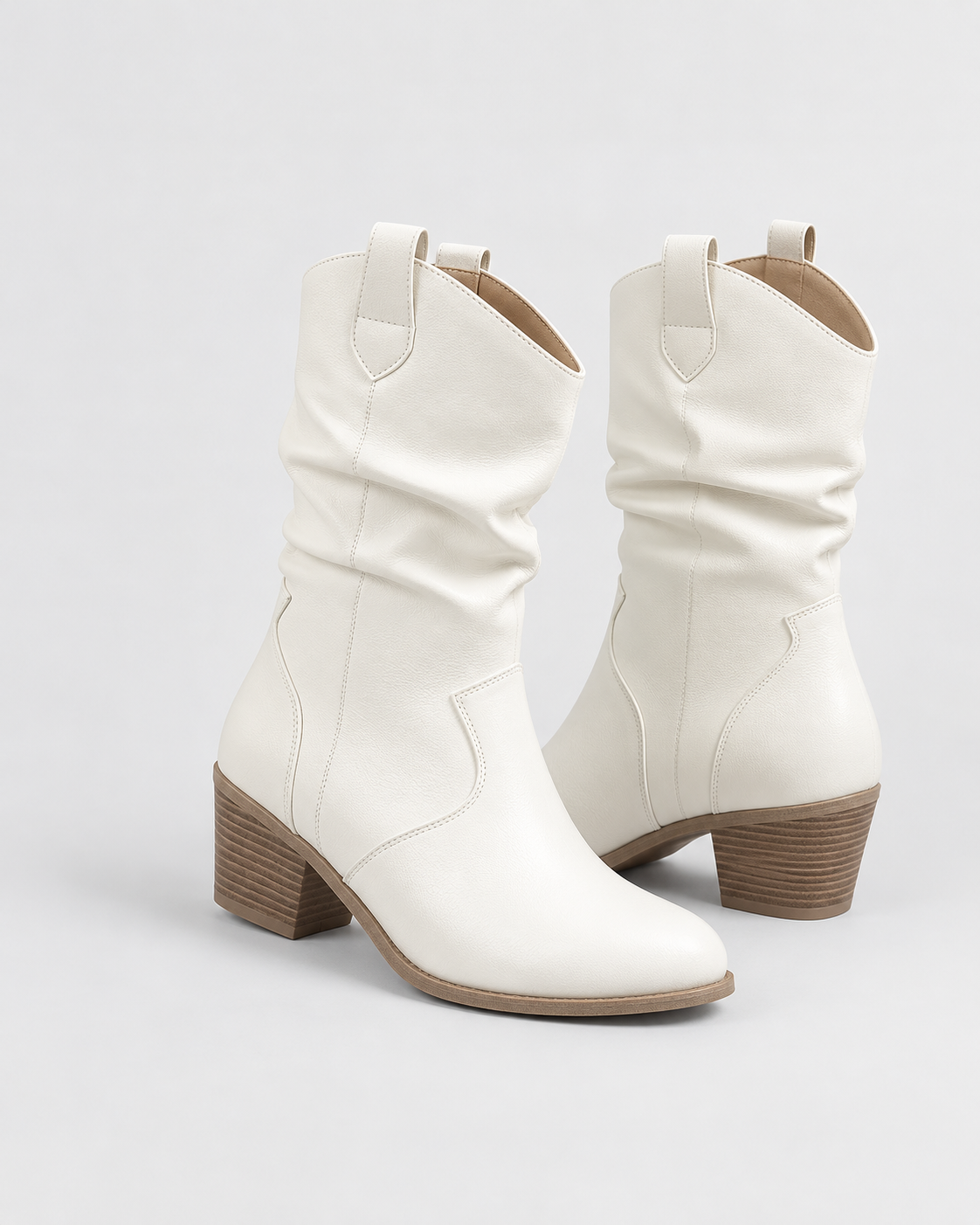 Image of Color: White | Women's white round toe western block heel mid-calf boots styled on model, look 1