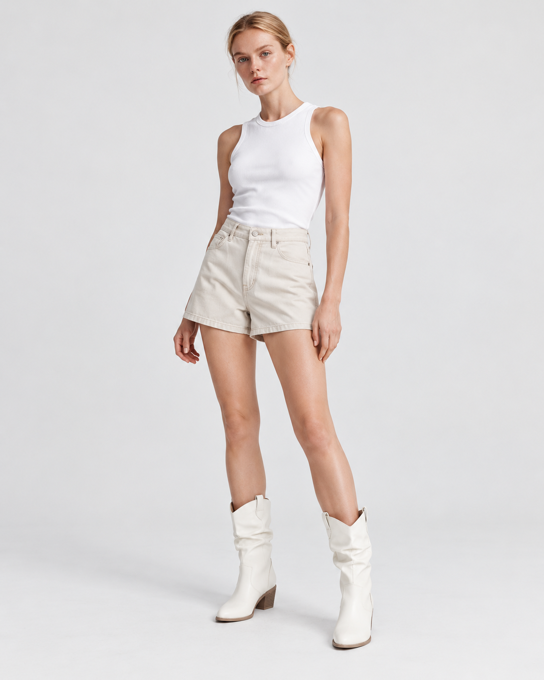 Image of Color: White | Women's white round toe western block heel mid-calf boots, studio product view 5