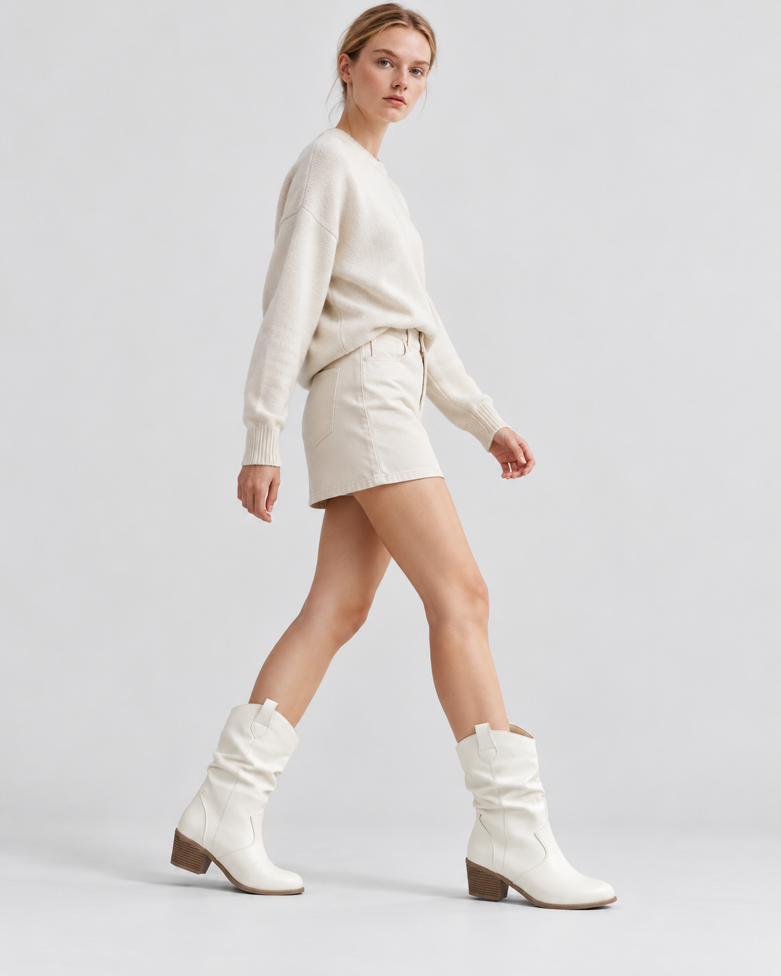 Image of Color: White | Women's white round toe western block heel mid-calf boots styled on model, look 2